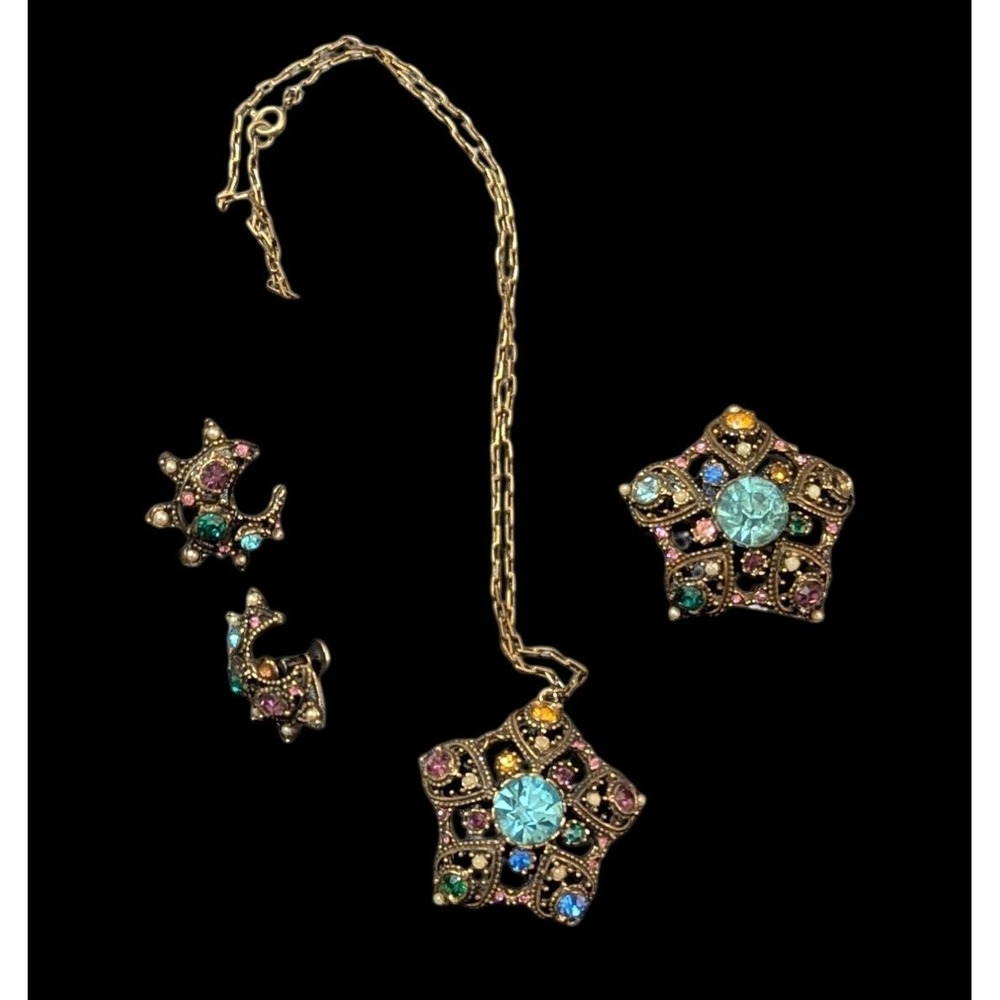 Vintage Star‎ & Moon Rhinestone Pendant Necklace Earrings Set Estate statement